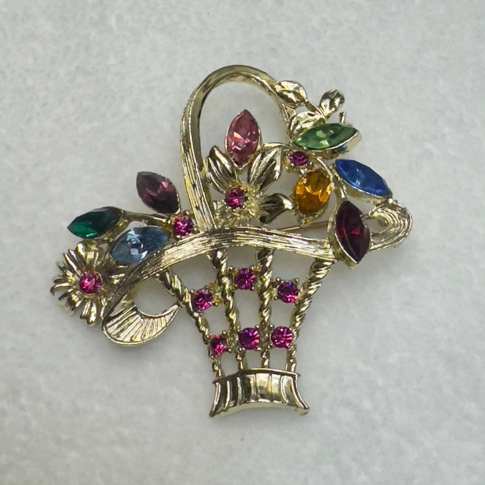 Vintage Gold Tone Rhinestone‎ Flower Basket Brooch Multicolor Floral Pin